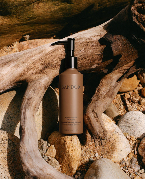 Sandor Grounding shampoo reusable bottle with recyclable aluminum cap on ocean driftwood